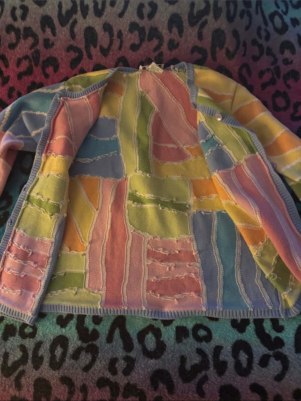 Vintage Talbots Pastel Patchwork Button Cardigan - Pink Blue Yellow Green Cream - Picture 6 of 6